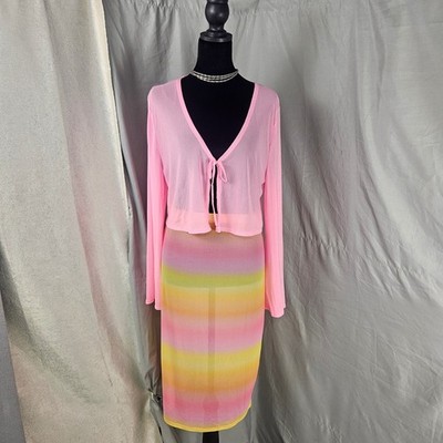 Wild Fable Pink Mesh Tie Front Crop Top & Ombre Midi Skirt Set Womens Large NWT