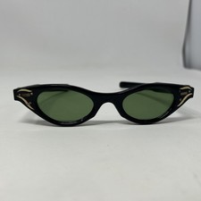 Vintage 1950  s Cats Eye Sunglasses Black Inlaid Crystals, Gold Made In France