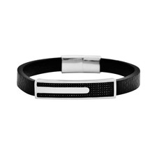 Geoffrey Beene Men's Genuine Leather and Stainless Steel Bracelet with Carbon...