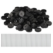 200pcs Toy Car Wheels 30mmx9mm Plastic Roll and 2mmx50mm Shaft Round Rod Black