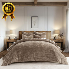 Stripe Channel Luxury Velvet Quilt Set King Size, Mocha Brown
