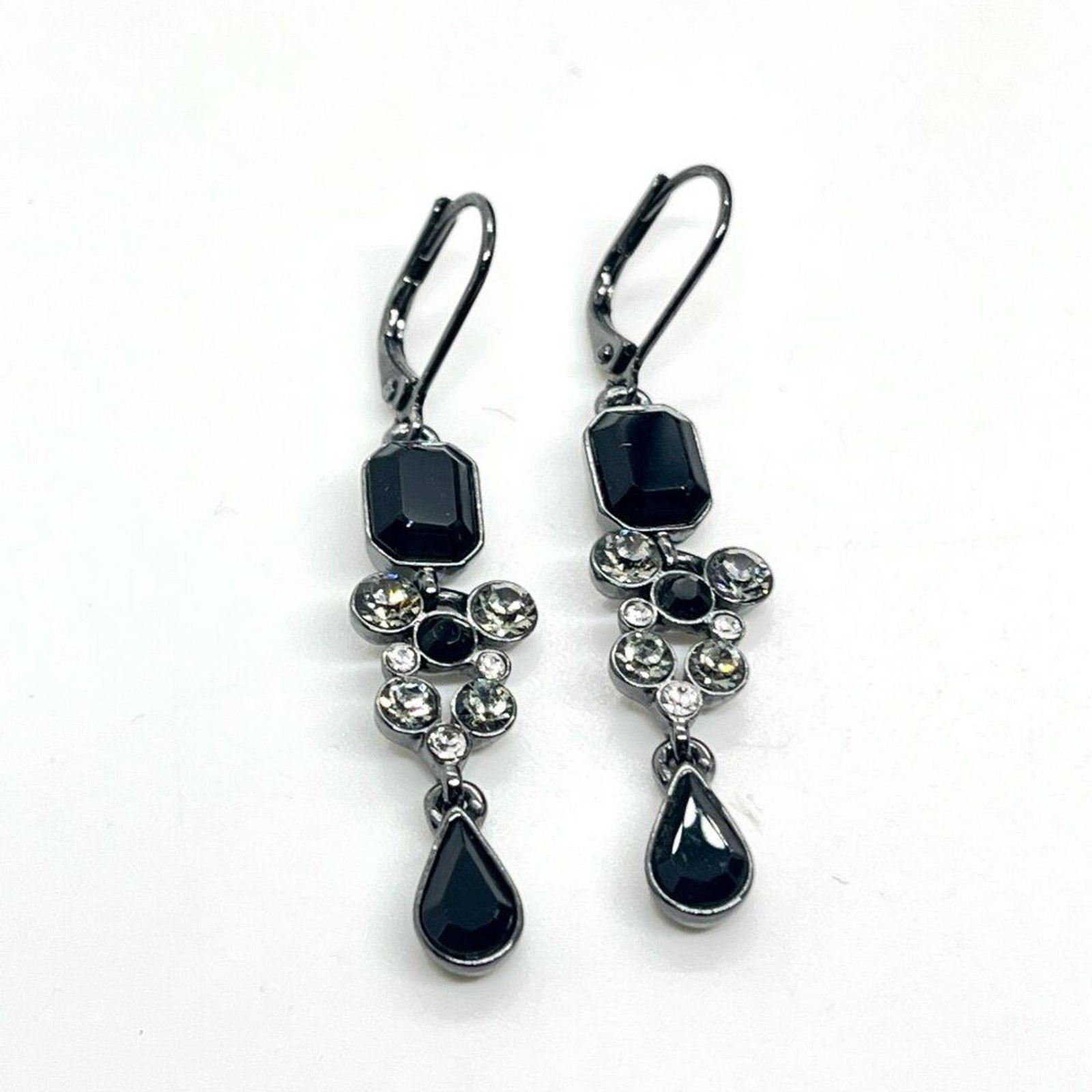 GIVENCHY Gunmetal Black Rhinestone Drop Earrings Faceted Glass Leverback Classic thumbnail 5