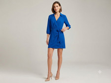 Naïf Women's Royal Blue V-Neck Collared Wrap Dress Size M 3/4 Sleeve Tie Waist