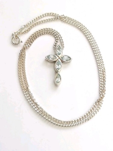 Beautiful Sterling Silver Cross Pendant with Aquamarine Stones Necklace