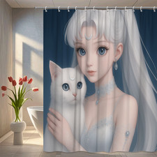 Elegant White Cat and Girl Shower Curtain for Modern Bathrooms
