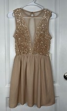 Forever 21 NWT Beige Sequin Sheer Plunge Neck Mini Dress Sz S Romantic Croquette