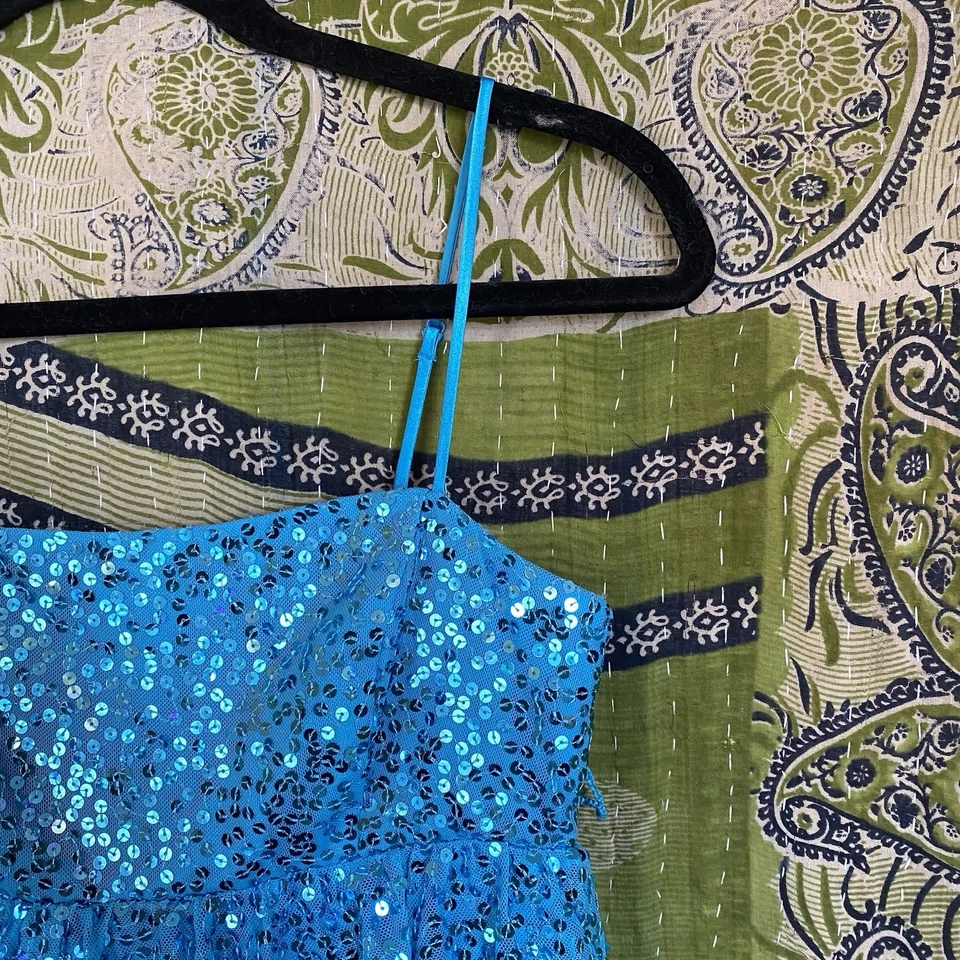 Винтажный 90-х Betsey Johnson вечернее бирюзовый шелк блестками мини-платье размер 2 - Изображение 4 из 4