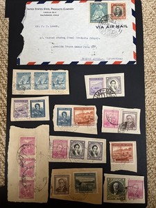 Vintage Chile Stamp Lot Stamped Lot of 24 Stamps Plus Air Mail Envelope
