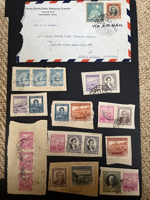 Vintage Chile Stamp Lot Stamped Lot of 24 Stamps Plus Air Mail Envelope