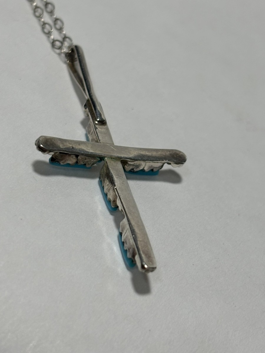 Vintage Native American Style Sterling Silver Turquoise Needlepoint Cross Pendan View 4