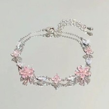 Sakura Pink Flower Cute Crystal Minimalist Bracelet 925 Sterling Silver Womens
