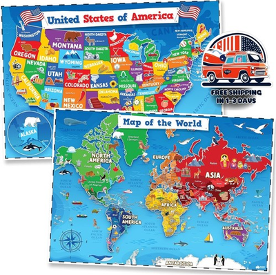 #ad 2 Pack Póster Del Mapa Del Mundo Y Mapa De Los Estados Unidos Para Niños US NEW $39.99