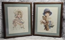 Very Sweet Vtg Wood Framed Cross Stitch Set Of 2 Victorian Girl  Boy