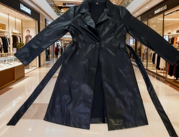 WOMANS SHEIN Black PU Belted Trench Coat Size Large EU 40/42 US 8/10 Stylish