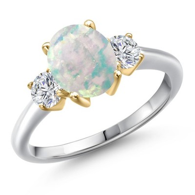 925 Silver and 10K Yellow Gold Simulated White Opal and Lab Grown Diamond