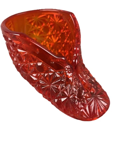 Fenton Amberina Glass Baby Shoe / Bootie Daisy & Button