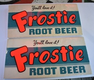 TWO VINTAGE PAPER LITHO FROSTIE ROOT BEER SIGNS