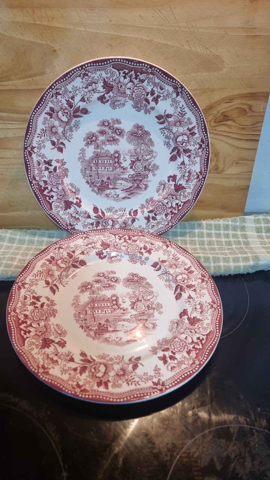 Royal Staffordshire Tonquin Red Clarice Cliff 10in Dinner Plates Pair Vintage image 3