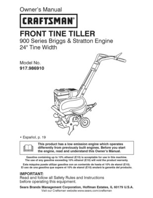 Owner’s Manual Sears Craftsman 900 Series Front Tine Tiller - Model 917 ...