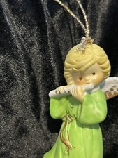 Vintage Porcelain Christmas Angel Ornament Green Robe Playing Flute