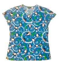Womens Fashion Medical Nursing Scrub Tops Printed Blue Base Penguin L