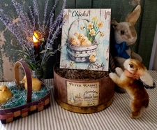 SHABBY PRIMITIVE ANTIQUE VINTAGE FOLK ART STYLE CHICKS 4 SALE EASTER BASKET SIGN