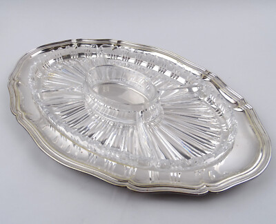 Kabarett Serviertablett versilbert mit 5 Bleikristall Glasschalen Chippendale