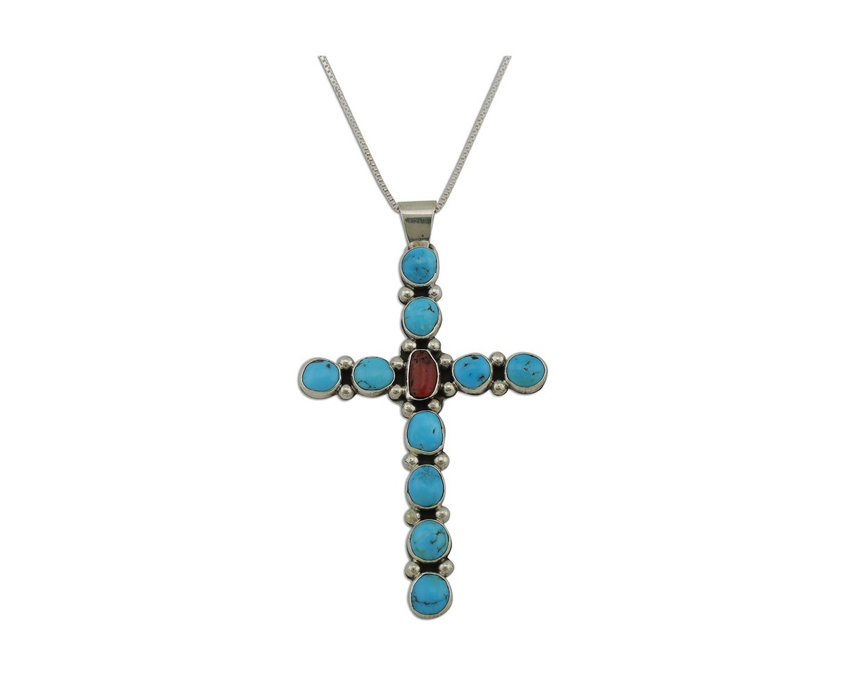 Navajo Cross Necklace 925 Silver Blue Turquoise Artist Signed JWJ 