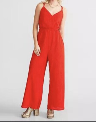 Red Metallic Jumpsuit Buckle BKE Strappy Wide Leg NEW with Tags Size Large L $60