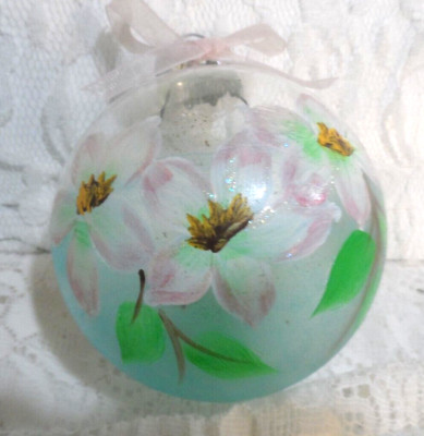CHRISTMAS Ornament - HANDPAINTED  FLOWERS ON AQUA/CLEAR ROUND GLASS BALL