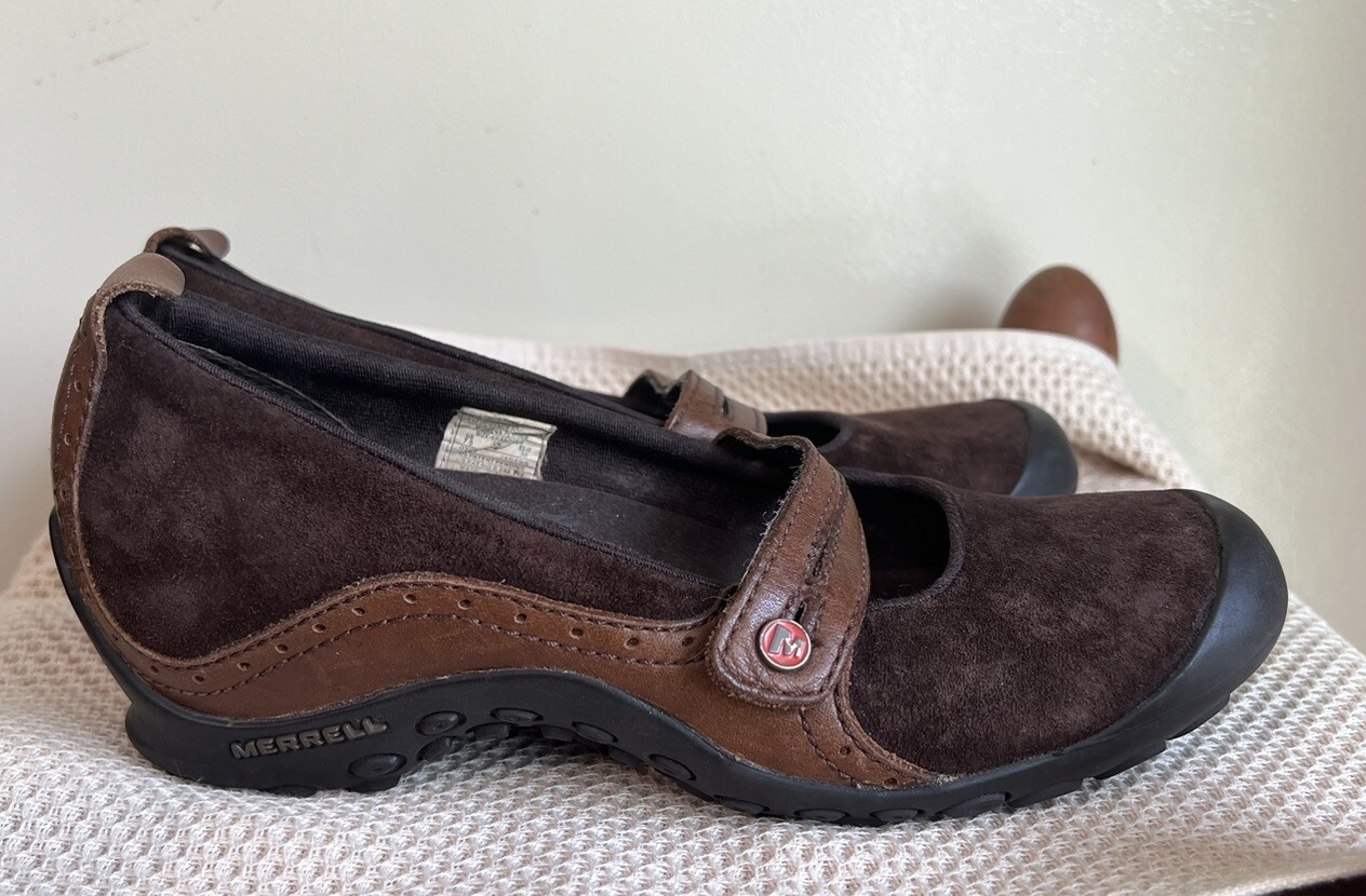 Merrell Plaza Bandeau scarpe Mary Jane in pelle marrone e camoscio da donna taglia 7 5