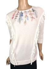 Jessica Simpson Size L Pullover Top 3/4 Sleeve White w Gold,Blue,Pink Design