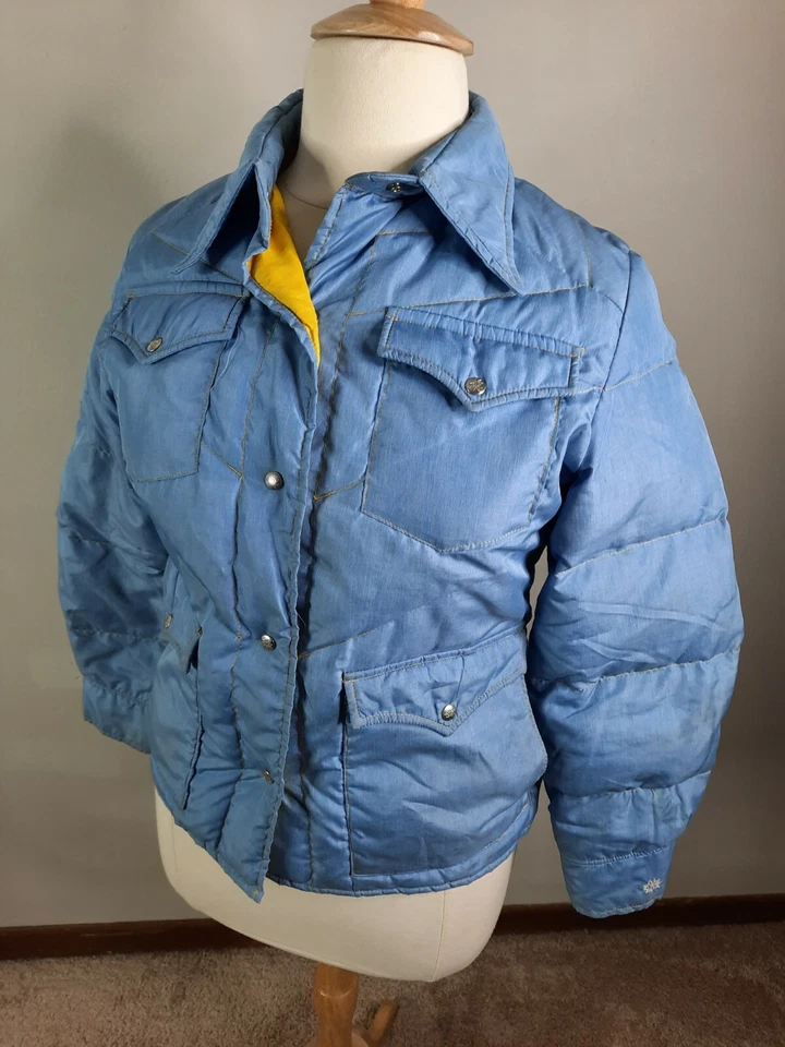 Vintage 70s Large Blue Ski Jacket Goose Down Winter Coat Quilted Puffer - Image 4 of 4