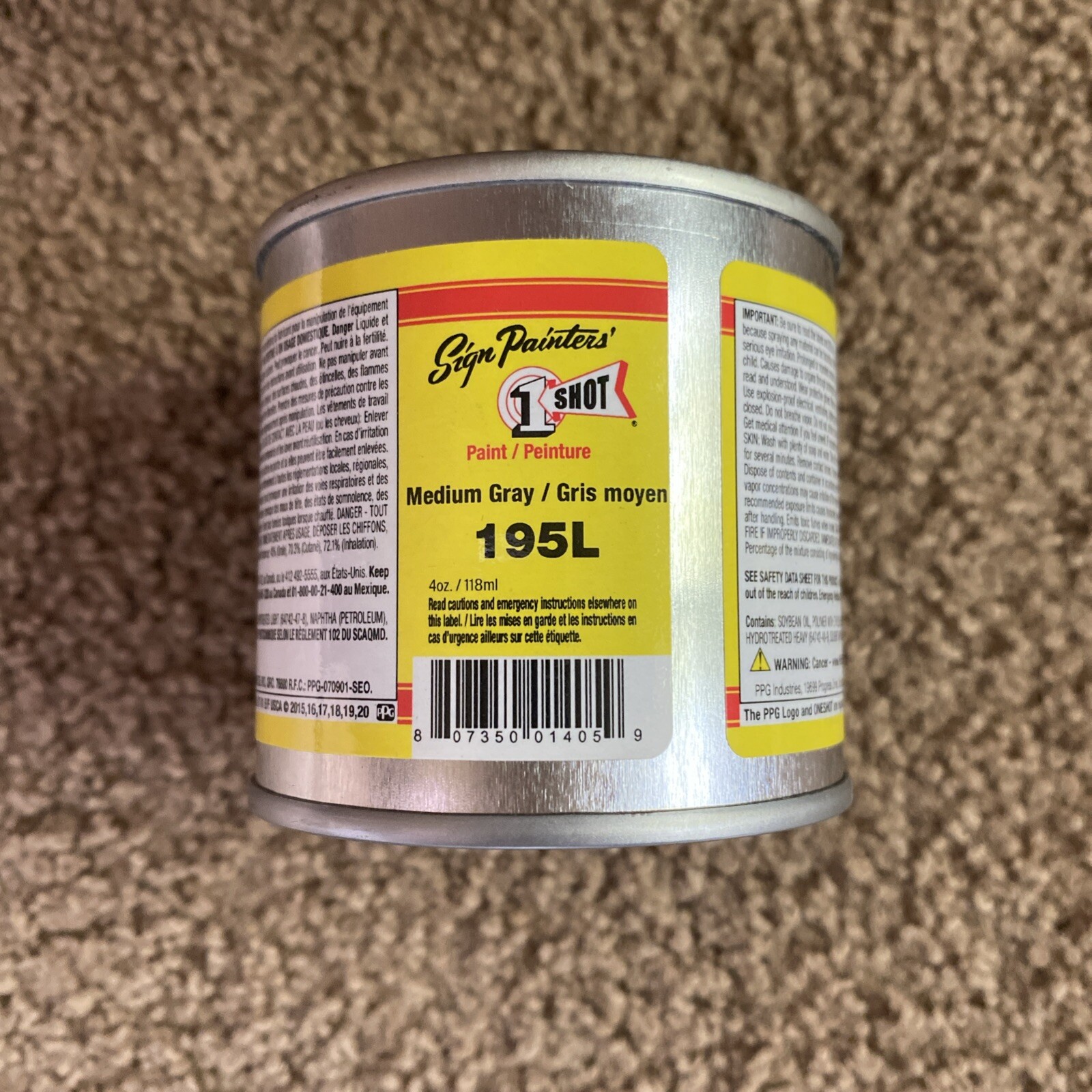 1 Shot 195L MEDIUM GRAY Paint Lettering Enamel Pinstriping One Shot - 4oz