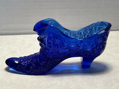 Vintage Fenton Art Glass Cobalt Daisy Button Cat Head Slipper w/box#1995 FB204B