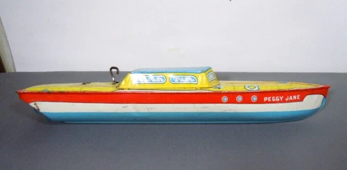 Vtg J. Chein Peggy Jane Tin Litho Wind Up Toy Cabin Cruiser - Speed Boat w box