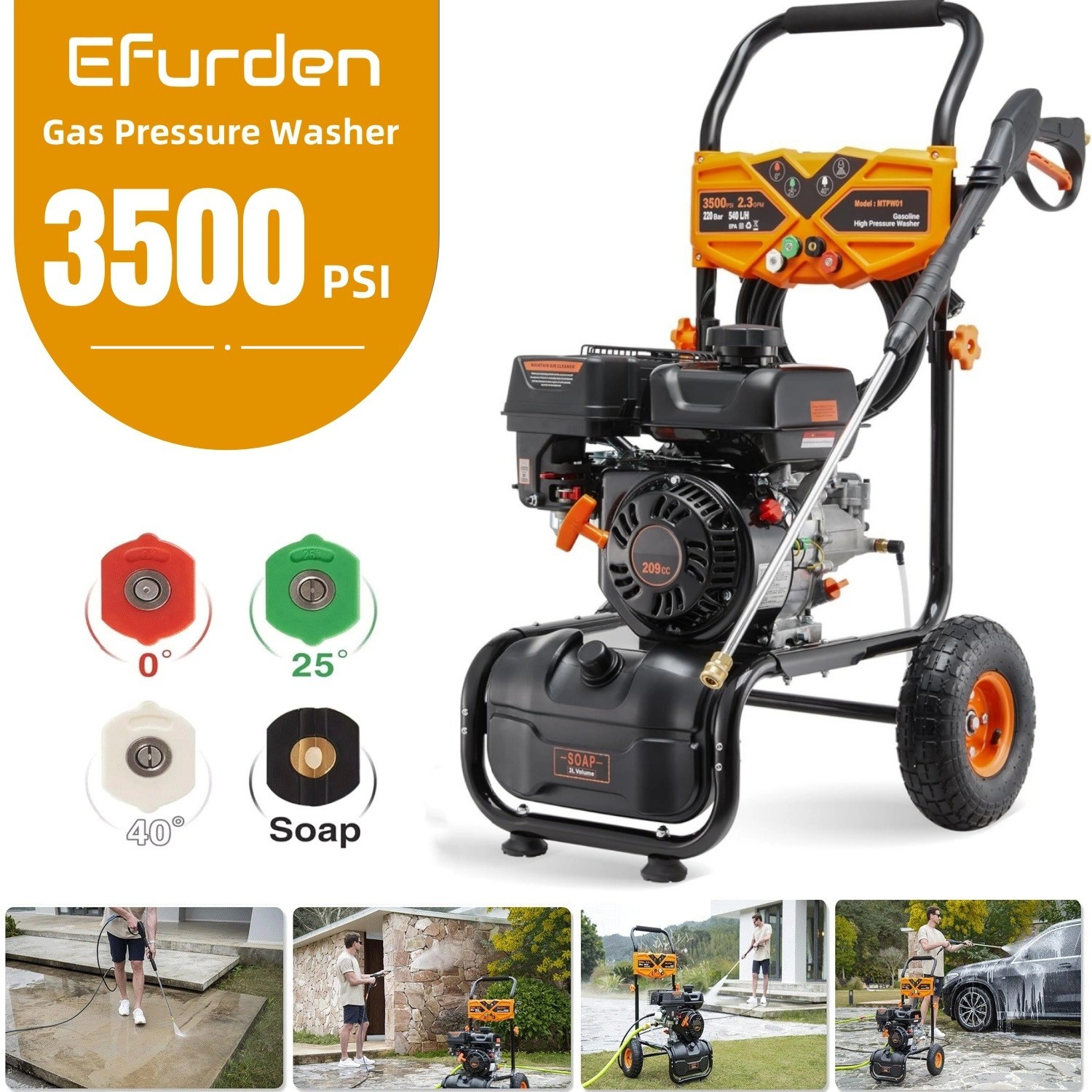 Efurden Gas Pressure Washer, 3500PSI 2.3GPM, Gas Powered Was