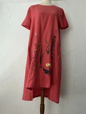 Women’s M Linen/Cotton Orange Langelook Cottagecore Floral Embroidery, Pockets