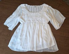dressbarn White Cotton Crochet A-Line Short Dress Scoop Neck Bell Sleeve L