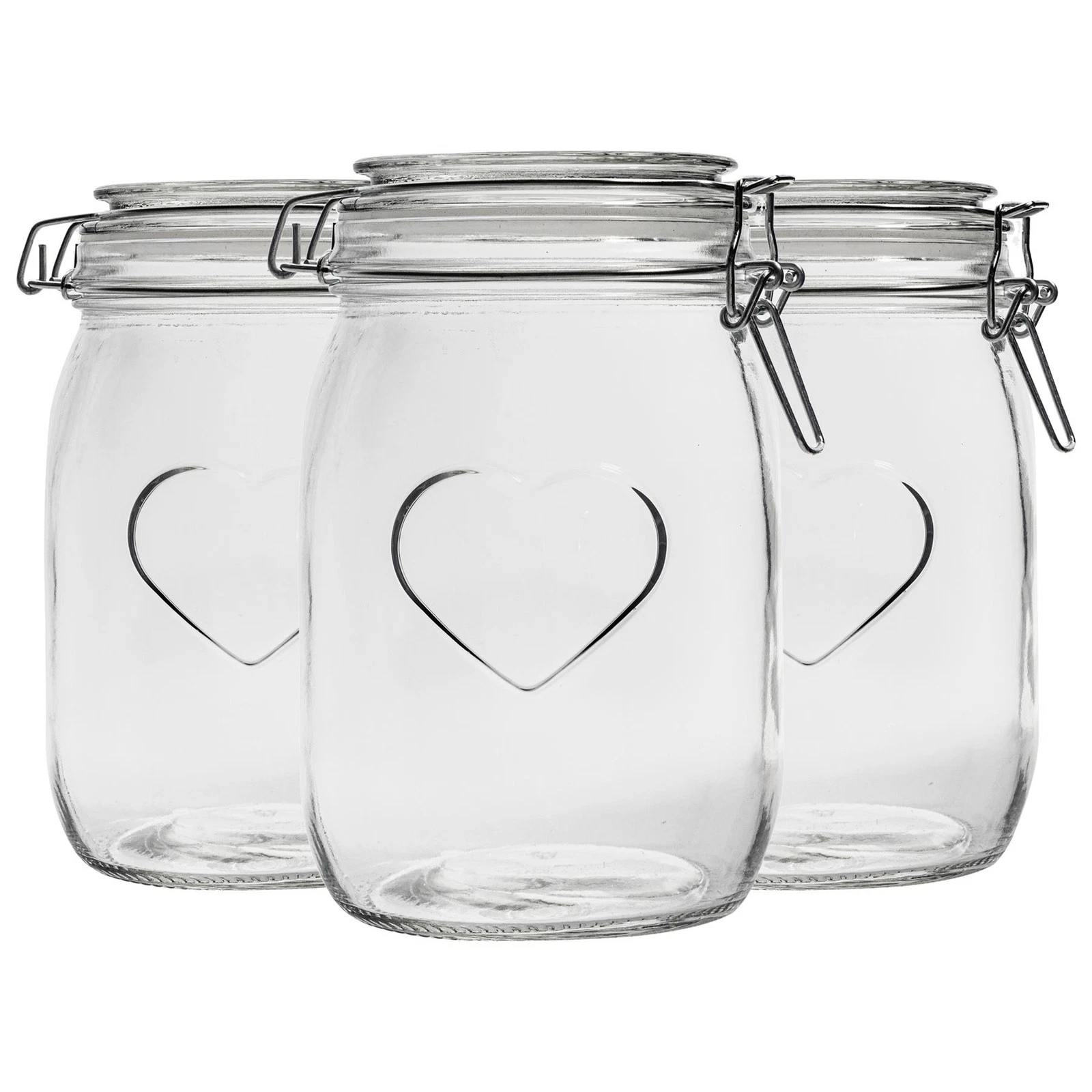 Heart Glass Storage Jars - 1 Litre - Clear Seal - Pack of 3