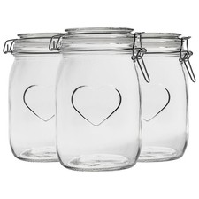 Heart Glass Storage Jars - 1 Litre - Clear Seal - Pack of 3
