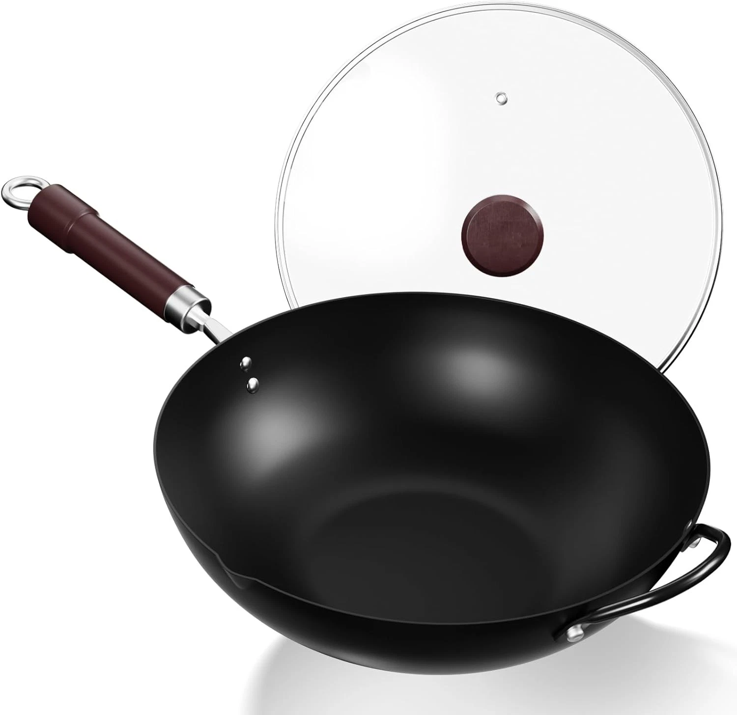 Carbon Steel Wok with Lid 32cm Flat Bottom Asian Stir Fry Pan Wooden Steel