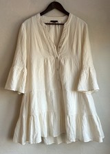 Quince 100% Organic Cotton Tiered Mini Dress S Ivory Bell Sleeve Peasant Resort