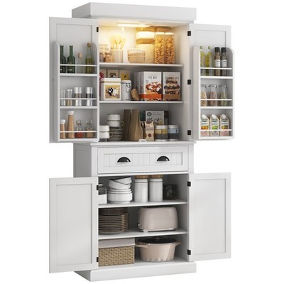 71'' Kitchen Pantry Cabinet with Large Storage and LED Lights, White