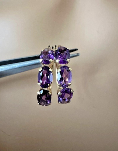 Estate 14K Yellow Gold Oval Amethyst Tube Hoop Earrings