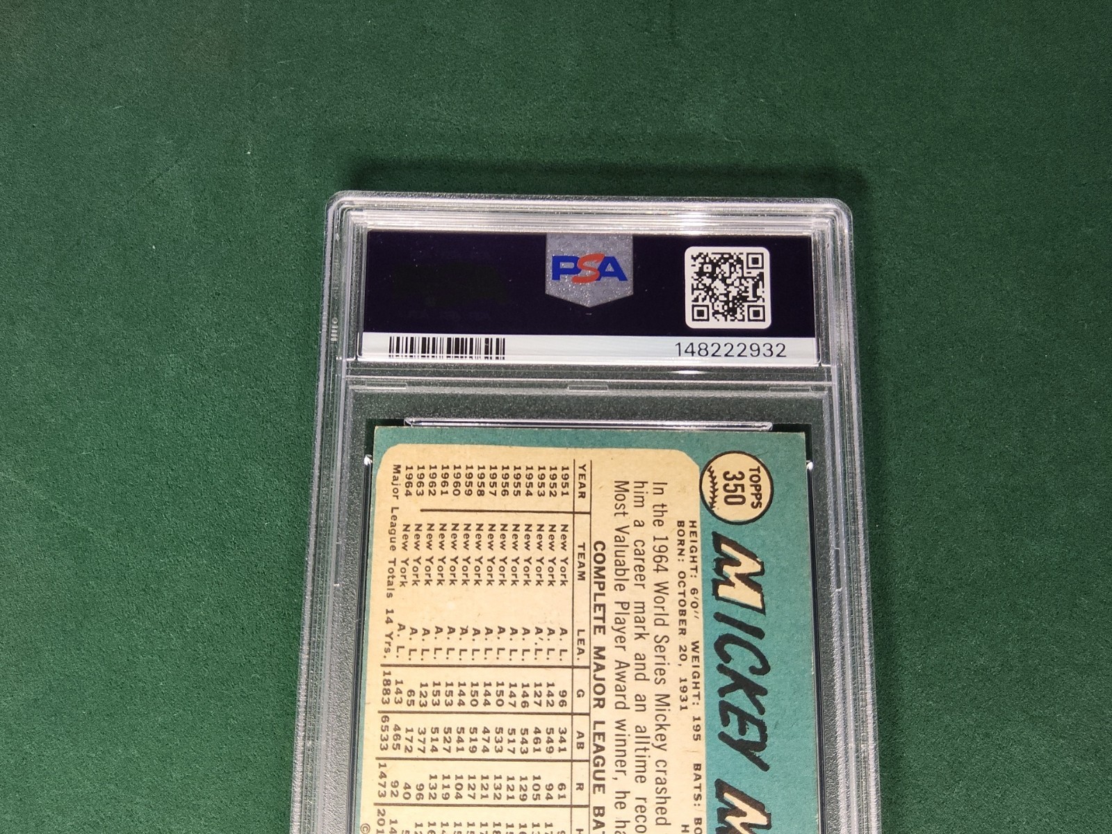 1965 Topps Baseball MICKEY MANTLE Vintage #350 PSA 3.5 VG+ RARE!! HOF Yankees view 8