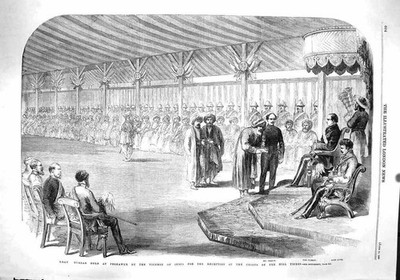 Original alter antiker Druck 1860 Durbar Peshawur Vizekönig Indien Bergstämme Clyde