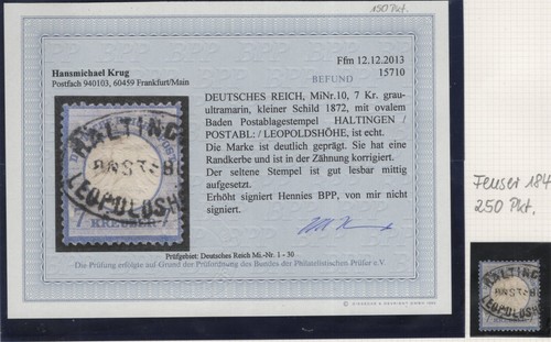 DR; BRUSTSCHILD: MiNr. 10 GESTEMPELT, BADEN POSTABLAGE LEOPOLDSHÖHE, BEFUND KRUG