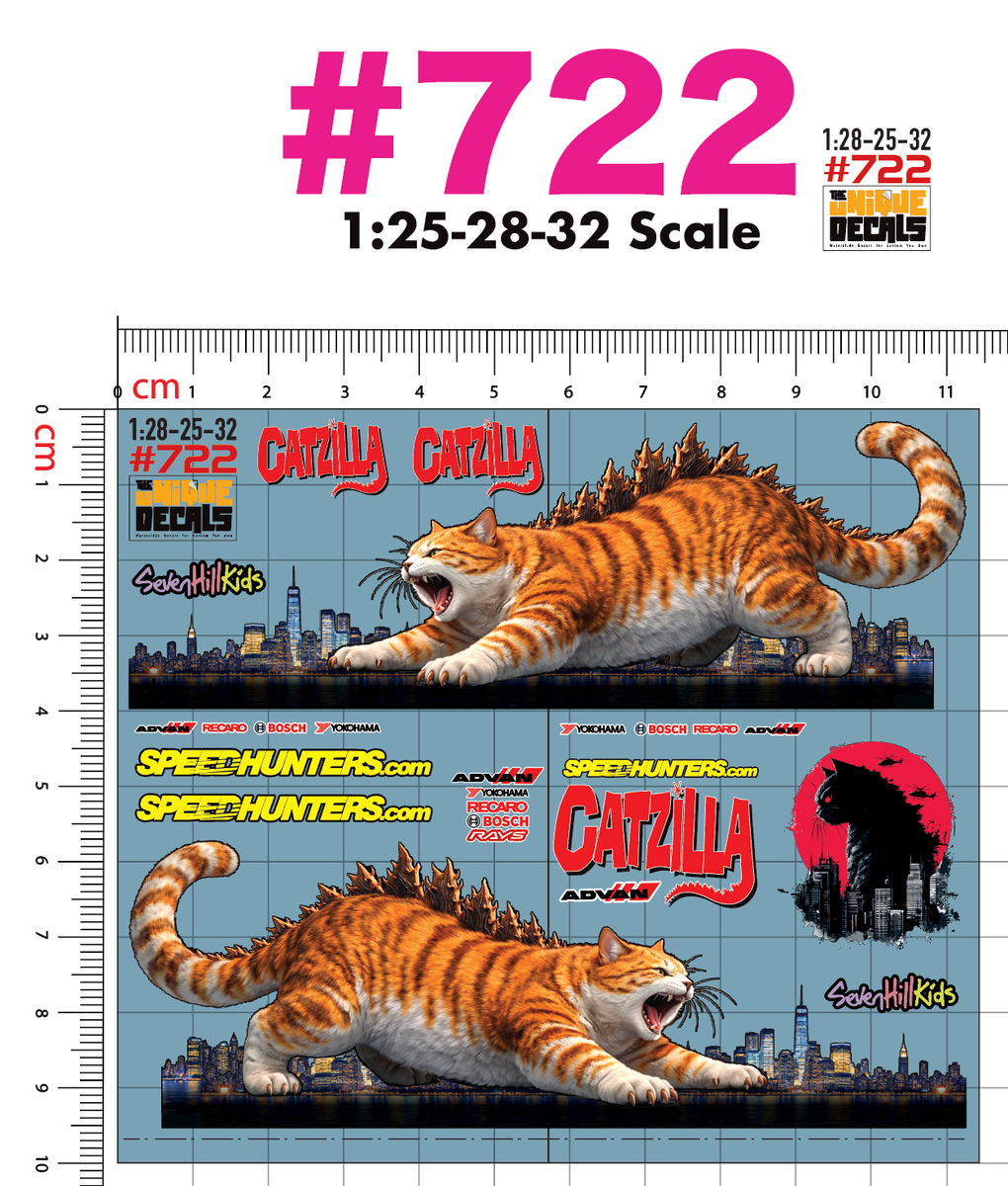 Catzilla Cute Waterslide Decals White Toner 1/28-25-32 Custom