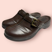 Y2K Brown Clog Mule Wedges Chunky Size 9 Studs Faux Vegan Leather Brass Buckle